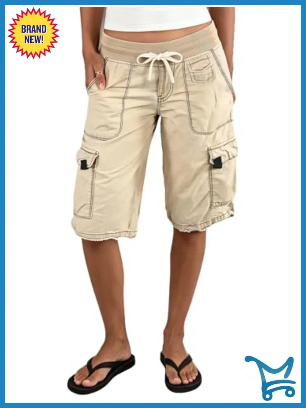 Women Elastic Mid Rise Contrast Stitch Drawstring Cargo Denim Bermuda Shorts